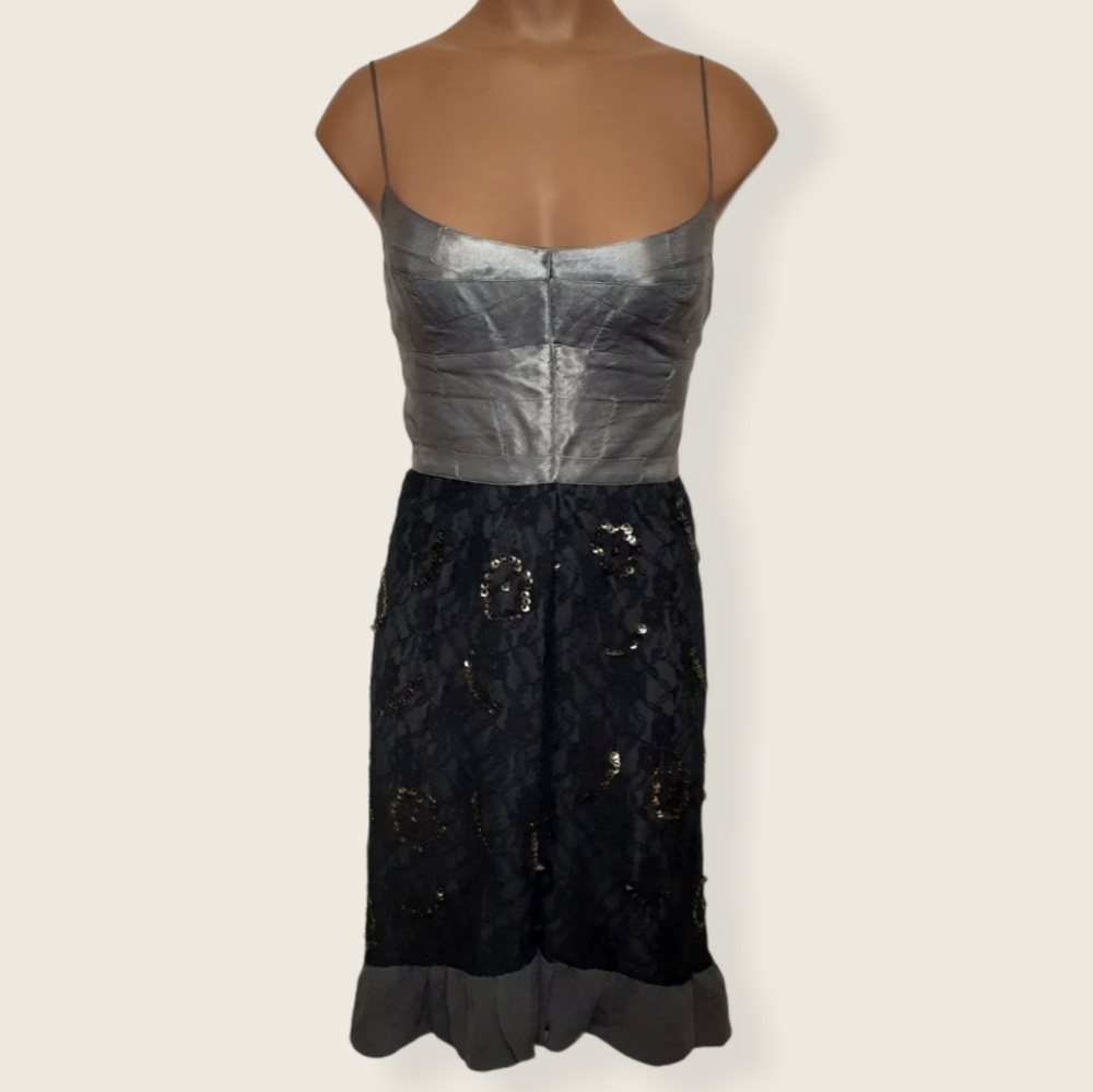 Ya Ya Printed Metallica Lace Embroideres Sequined Strappy Silk Dress Sz 0P NWT